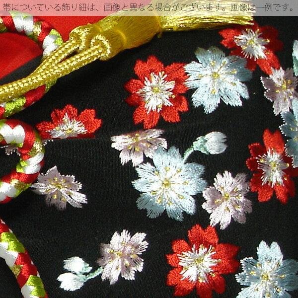 七五三 結び帯「黒×赤　桜の刺繍」3歳、5歳、7歳 二部式帯 付け帯 日本製 No.608黒【メール便不可】