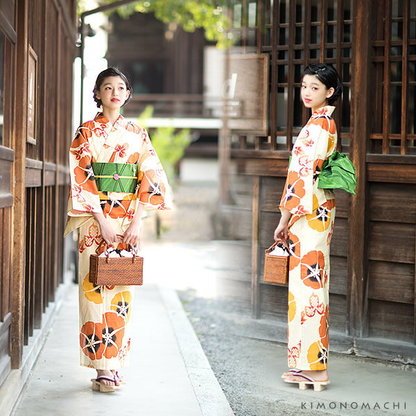 【Prices down2】京都きもの町オリジナル 浴衣単品「橙色　朝顔」S、F、TL、LL お仕立て上がり 女性浴衣 レディース 【メール便不可】ss2512ykl40