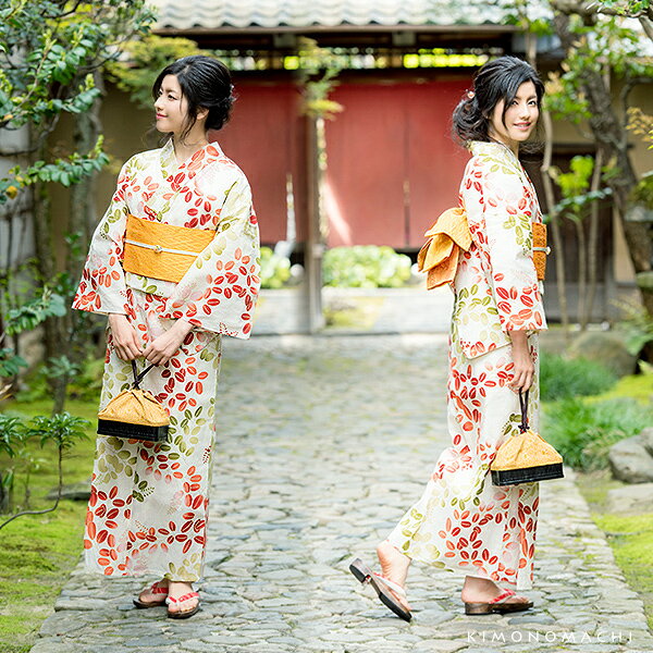 【Prices down2】京都きもの町オリジナル 浴衣単品「赤×緑　萩」S、フリー、TL、LL...