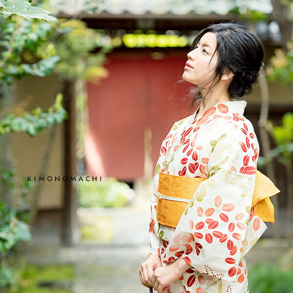 【Prices down2】京都きもの町オリジナル 浴衣単品「赤×緑　萩」S、フリー、TL、LL...