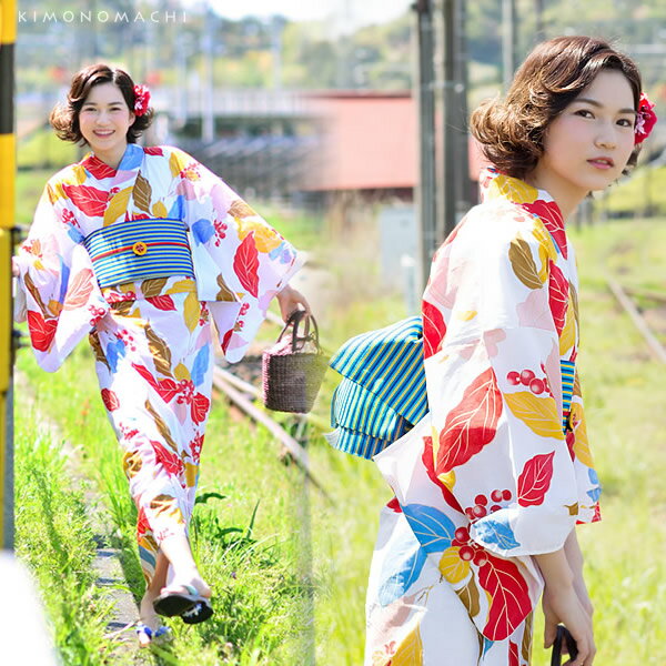 【Prices down2】京都きもの町オリジナル 浴衣単品「カラフル　リーフ」S　小さい...