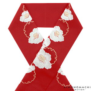刺繍半衿「赤色　雪輪に白椿」