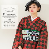洗える着物袷「赤×黒緑色チェス」袷着物単品レディースキモノサイズSMLTLLL【メール便不可】