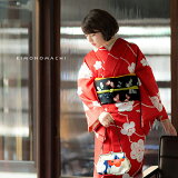単衣着物単品「赤色絞り風梅のお花」L、TL、2L小紋、普段着物夢館オリジナルポリエステル着物【メール便不可】