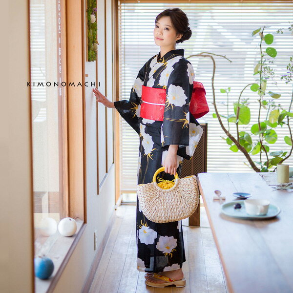 浴衣 レディース 単品 「ブラック ポピー」 S F TL LL サイズ KIMONOMACHI 京都きもの町 オリジナル レトロ モダン かわいい 大人柄 変わり織り綿 女性浴衣単品 女浴衣 ゆかた yukata 【メール便不可】ss2512ykl10