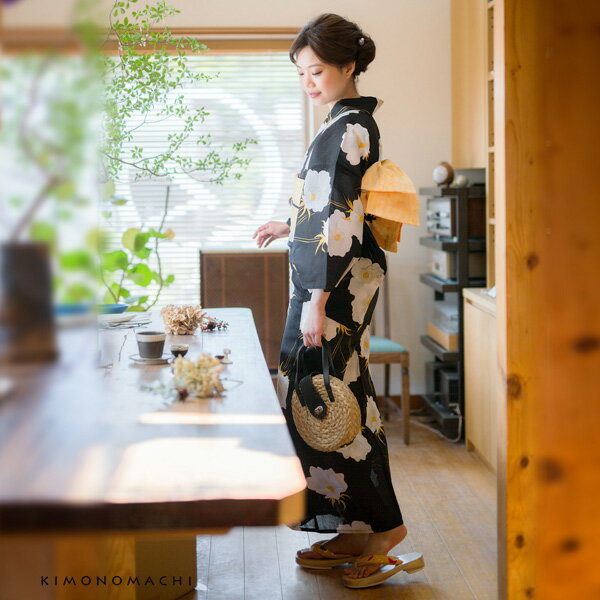 浴衣 レディース 単品 「ブラック ポピー」 S F TL LL サイズ KIMONOMACHI 京都きもの町 オリジナル レトロ モダン かわいい 大人柄 変わり織り綿 女性浴衣単品 女浴衣 ゆかた yukata 【メール便不可】ss2512ykl10