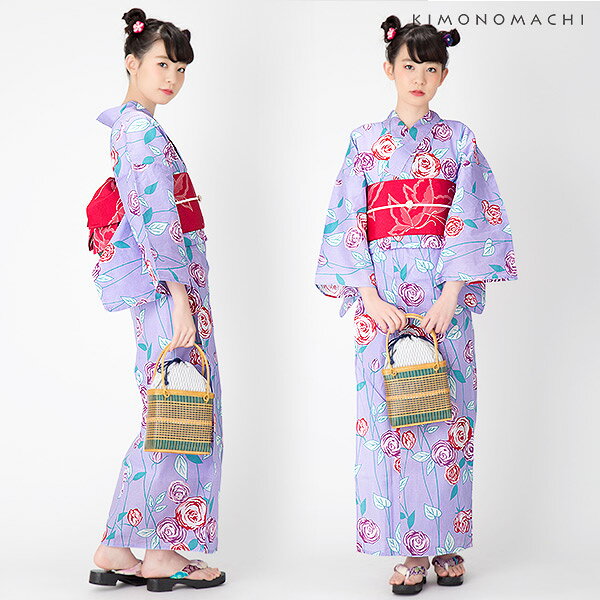 【Prices down】浴衣2点セット KIMONOMACHI 浴衣 セット「パープル 薔薇」浴衣 2点...