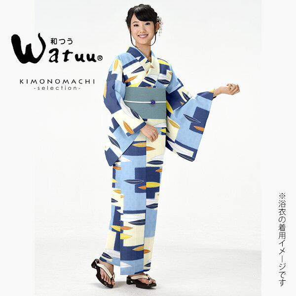 【Prices down2】和つう 浴衣単品「ブルー、クリーム　スクエアにリーフ」ブランド浴衣単品 レディース 浴衣単品 変わり織り浴衣 W1804【メール便不可】ss2512ykl35