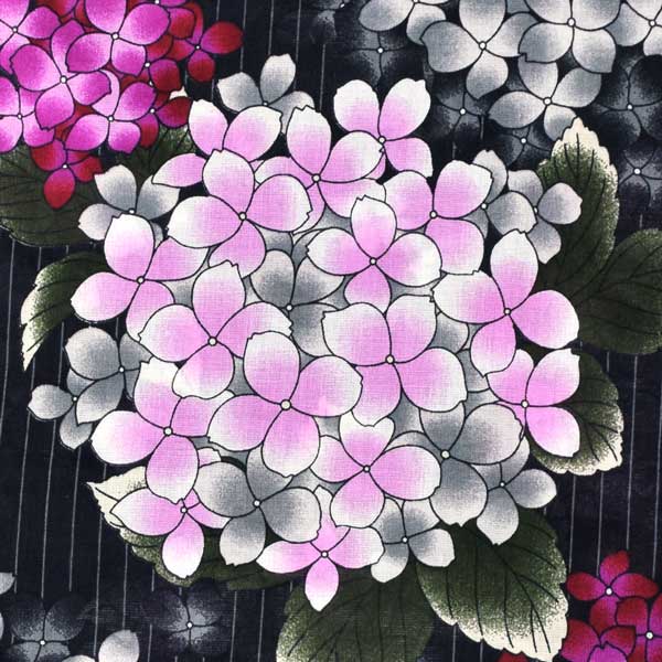 浴衣 レディース 単品 「黒地　縞、紫陽花」 フリーサイズ レトロ モダン 大人柄 女性浴衣単品 女浴衣 ゆかた yukata 【メール便不可】