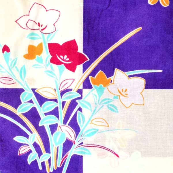 【Prices down2】浴衣 レディース 単品 「青紫×生成り色、市松　秋草」 フリーサイズ レトロ モダン 大人柄 女性浴衣単品 女浴衣 ゆかた yukata 【メール便不可】ss2512ykl25