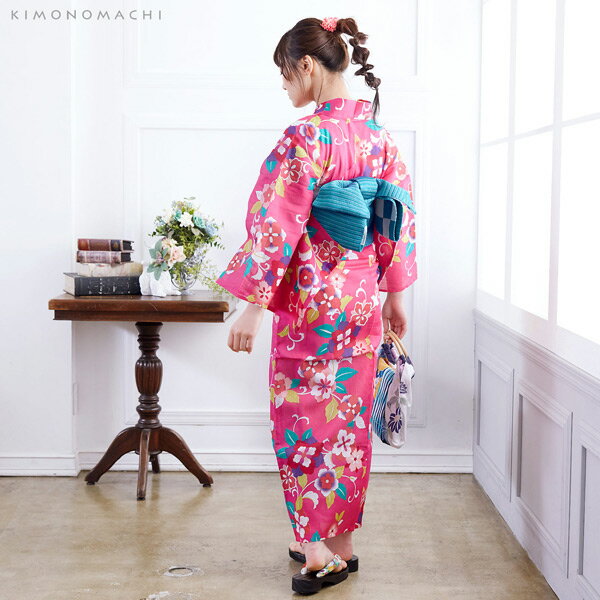 浴衣 セット レディース 大人 浴衣セット 浴衣2点セット（浴衣＋帯）「浴衣：ピンク唐草＋半幅帯：ターコイズ市松　リバーシブル」 大人柄 個性的 レトロモダン 花火大会 夏祭り 女性用浴衣 女性浴衣 ゆかた yukata 【メール便不可】ss2506ykl10