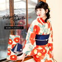 (最大5000円OFFクーポン7/3迄)レディース 浴衣2点セット(浴衣+帯) 「浴衣 クリーム 水彩椿+半幅帯 ネイビーブルー レトロフラワー」 きもの町オリジナル 【メール便不可】ss2506ykl10