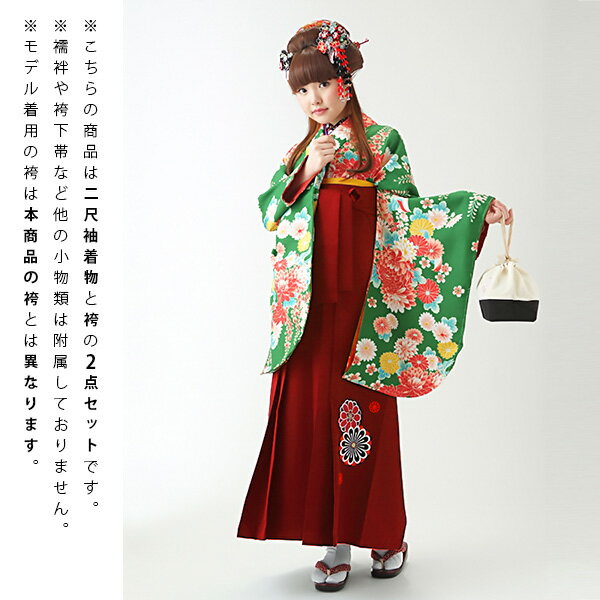 【中古品】卒業式袴セット 「二尺袖：緑　菊と藤の花+袴：エンジ×矢絣」 貸衣装処分 レンタル処分品 二尺袖 袴 卒業式、謝恩会に 【メール便不可】ss2603hkm40