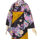 【中古品】卒業式袴セット 「二尺袖:黒 鞠に菊花+袴:金茶×菊 刺繍」 貸衣装処分 レンタル処分品 二尺袖 袴 卒業式、謝恩会に 【メール便不可】ss2506hkm20