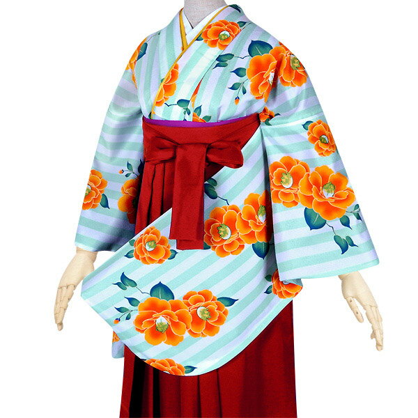 【中古品】卒業式袴セット 「二尺袖：白×緑 縦縞 椿+袴：エンジ×矢絣」 貸衣装処分 レンタル処分品 二尺袖 袴 卒業式、謝恩会に 【メール便不可】ss2512hkm10