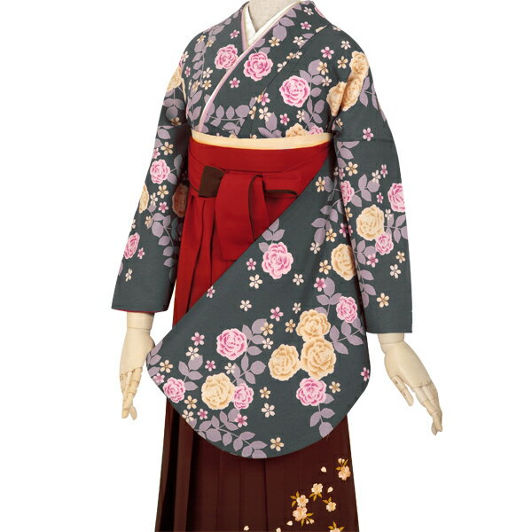 【中古品】卒業式袴セット 「二尺袖:グレー 薔薇+袴:エンジ×矢絣」 貸衣装処分 レンタル処分品 二尺袖 袴 卒業式、謝恩会に 【メール便不可】