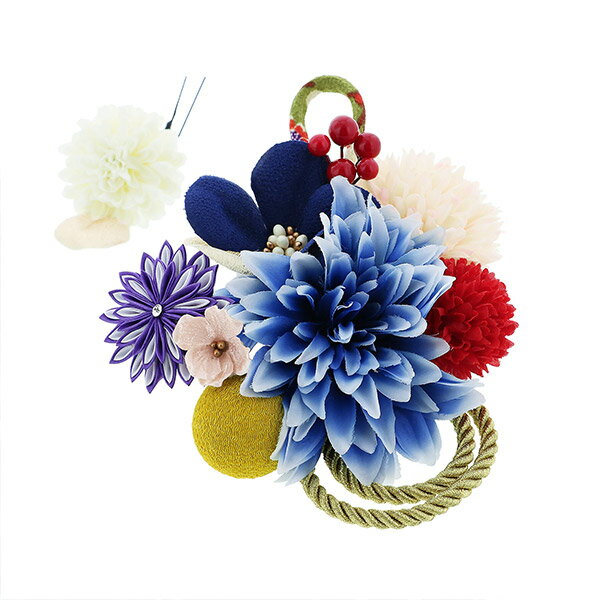 (卒業式COUPON最大20%OFF3/31迄)髪飾り 成人式 花髪飾り コーム Uピン 2点セット 「お花と玉飾り、組紐　ブルー　No.54709」 振袖用髪飾り お花髪飾り つまみ細工 成人式 卒業式 結婚式 着物 日本製 【メール便不可】＜H＞ ヘアアクセサリーss2409wkk10