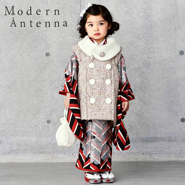 七五三 着物 3歳 ブランド被布セット Modern Antenna モダンアンテナ 「朱色×黒 牡丹 ピンク」 女の子 被布コート 6点フルセットに足袋と腰ひ...