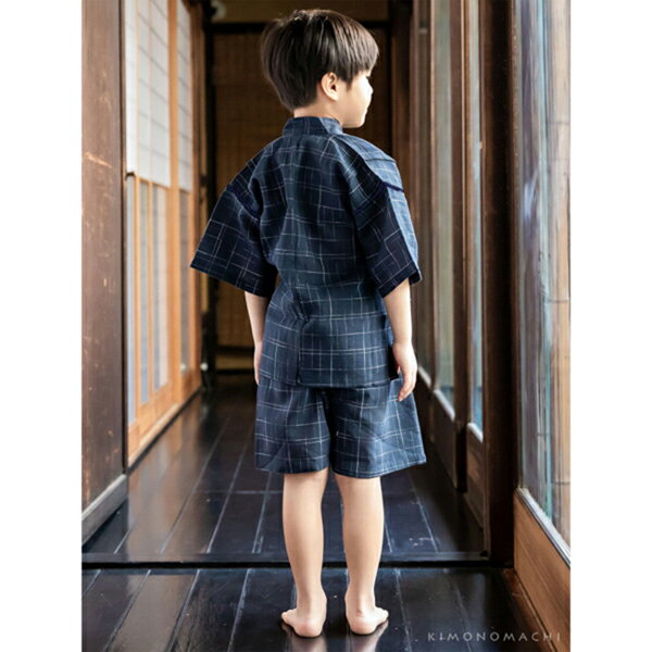 男の子甚平「紺十字絣」 子供甚平 90cm 100cm 110cm 120cm 130cm 140cm お子様甚平 男児甚平 子供用甚平 京都きもの町オリジナル KIMONOMACHI 甚兵衛 【メール便不可】