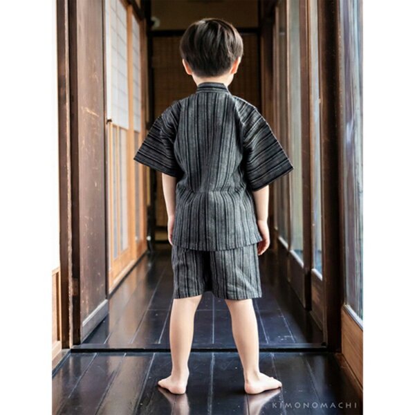 男の子甚平「黒白縞」 子供甚平 90cm 100cm 110cm 120cm 130cm 140cm お子様甚平 男児甚平 子供用甚平 京都きもの町オリジナル KIMONOMACHI 【メール便不可】