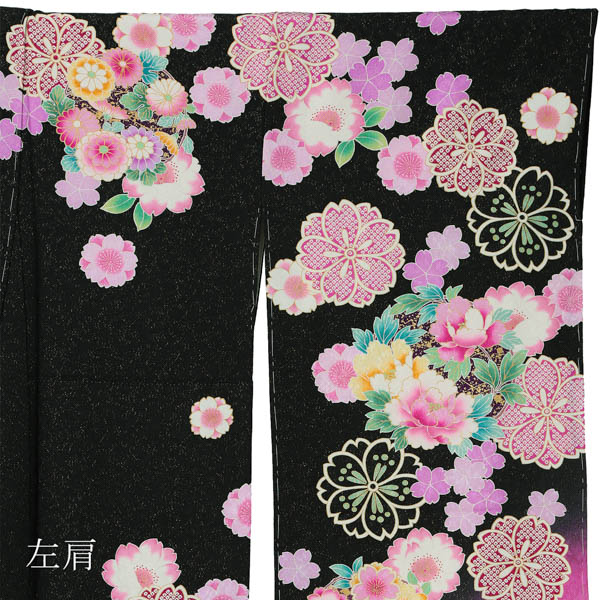 (卒業式応援価格据え置き3/5迄)【新古品】お仕立て上がり 振袖単品 「黒地　八重桜に花の丸」 振袖 振り袖成人式 結婚式 結納 パーティー 【メール便不可】ss2512fml10