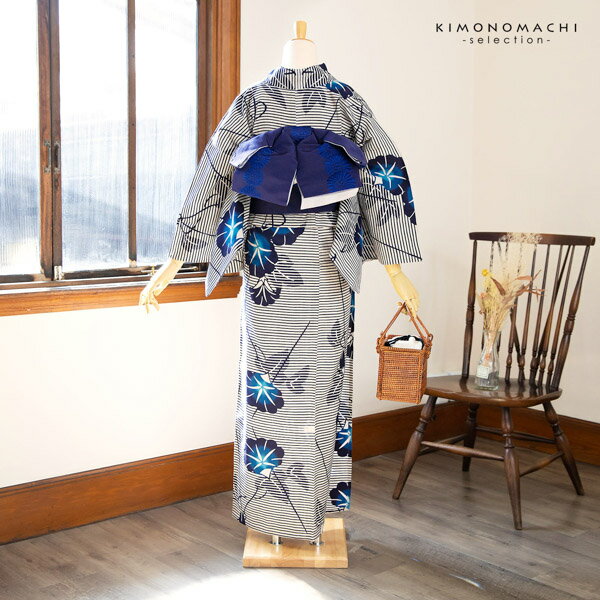 【Prices down2】浴衣 レディース 単品 お仕立て上がり浴衣 プレタ 「生成り色×紺　朝顔すだれ」 先染め 和布流 Fサイズ シック 大人 モダン 粋 古典 ゆかた 女性 ブランド ブランド浴衣 花火大会 夏祭り 【メール便不可】＜H＞ss2512ykl15