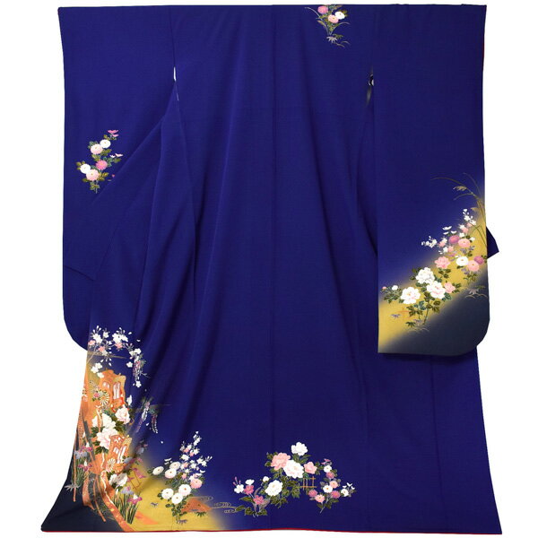 【中古品】仕立て上がり 振袖「紺青色 四季花に御所車」貸衣装処分 レンタル処分品 成人式【メール便不可】ss2512fml10