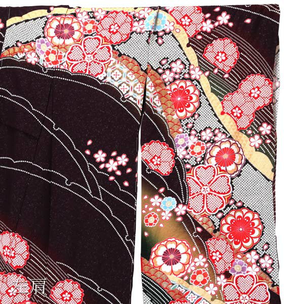 (卒業式応援Point10倍 3/5迄) 未仕立て 振袖 単品「暗紫色　雪芝取りに花紋」日本製 仮絵羽 振り袖 正絹 着物 レディース 成人式 結婚式 結納 パーティー 晴れ着【メール便不可】