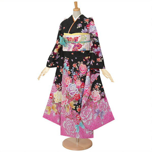 【訳アリ】【中古品】仕立て上がり 振袖 「Asuka 黒 薔薇とリボン」貸衣装処分 レンタル処分品 【メール便不可】ss2512fml10