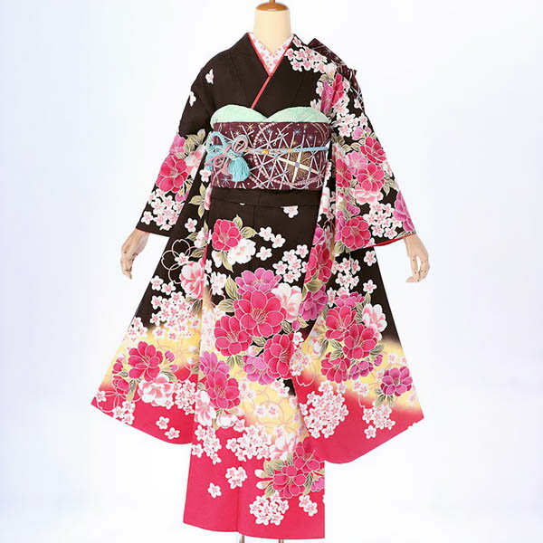 【中古品】仕立て上がり 振袖 「黒茶 赤ぼかし 乙女桜」貸衣装処分 レンタル処分品 【メール便不可】ss2512fml10