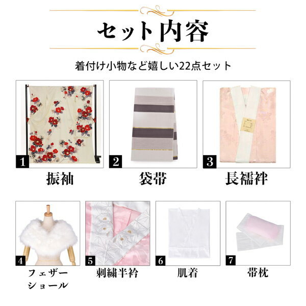 (卒業式応援Point10倍 3/19迄) 未仕立て 振袖 22点セット「Vサンク クリーム　椿に花丸文」仮絵羽 振り袖 正絹 着物 ブランド振袖 成人式 結婚式 結納 パーティー 晴れ着 【メール便不可】