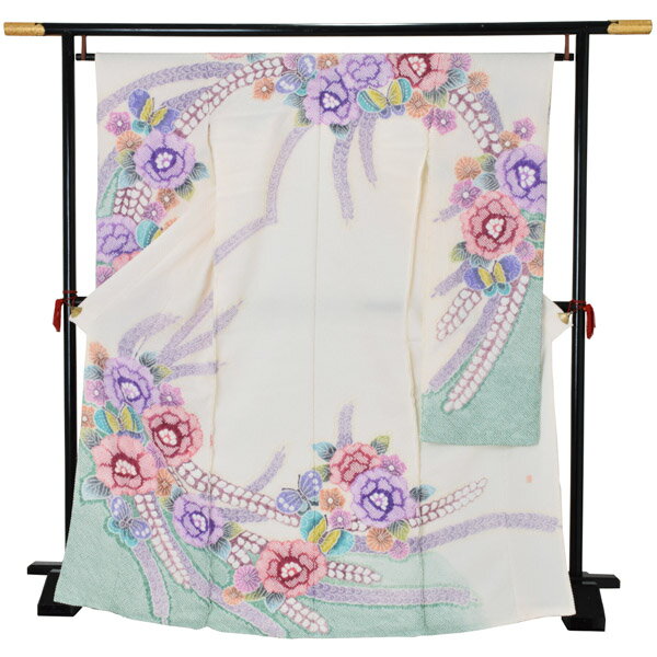 未仕立て 藤娘きぬたや 振袖 単品 「オフホワイト　花に蝶」 仮絵羽 絞り 正絹 ブランド 振り袖 着物 レディース 成人式 結婚式 結納 パーティー 晴れ着 日本製 【メール便不可】のサムネイル