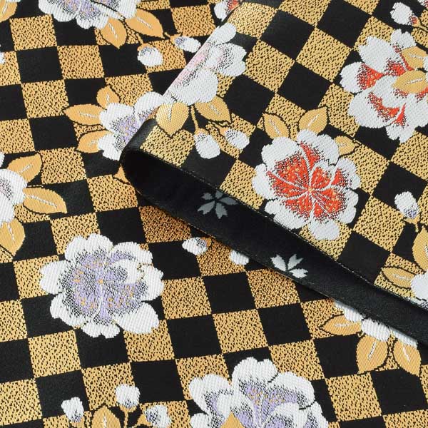 七五三 帯 7歳用 袋帯「黒×金、市松桜」仕立て上がり 全通柄 七歳用 女の子 子供 ...