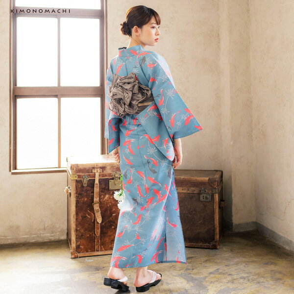 【Prices down】浴衣 レディース 浴衣と帯の2点セット 「浴衣 金魚 ピンク×薄墨 スモークブルー＋兵児帯 ベージュグレー」 女性浴衣 兵児帯 ゆかた 京都きもの町オリジナル 【メール便不可】ss2512ykl15