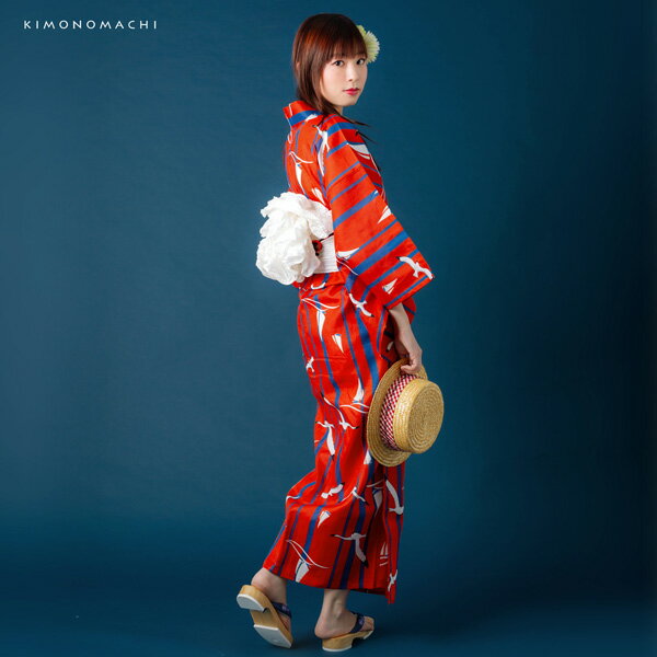 【Prices down】浴衣 レディース 浴衣と帯の2点セット 「浴衣 レッド ヨットとカモメ＋兵児帯 ホワイト」 女性浴衣 兵児帯 ゆかた 京都きもの町オリジナル 【メール便不可】ss2512ykl15