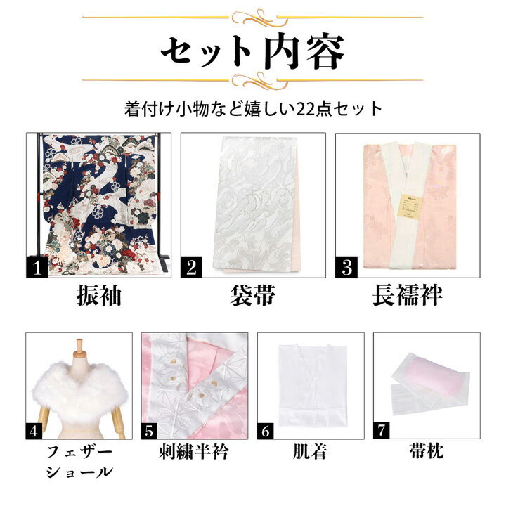 未仕立て 振袖 22点セット「濃紺 流水菊牡丹...の紹介画像2