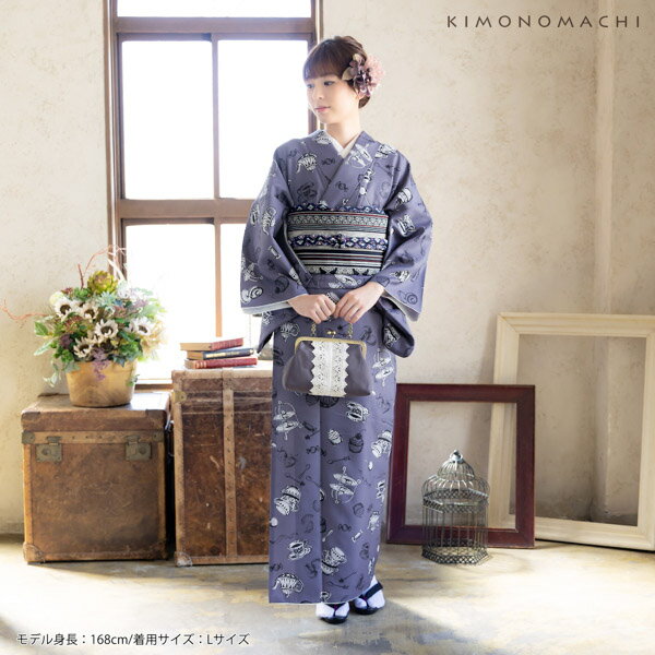 洗える着物 セット「袷着物：アフタヌーンティー　ウィスタリアグレー＋京袋帯：間道　龍と唐花」KIMONOMACHI オリジナル 着物と帯と帯揚げと丸くげの4点セット サイズS/M/L/LL 2023-2024新作 コーディネート済み着物セット 小紋 レディース キモノ【メール便不可】