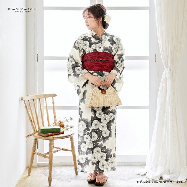 浴衣 レディース 女性浴衣単品 「アイボリー　墨色、連菊」綿浴衣 プレタ浴衣 お仕立て上がり浴衣 大人浴衣 Fサイズ 女性用 女性浴衣 ゆかた【メール便不可】