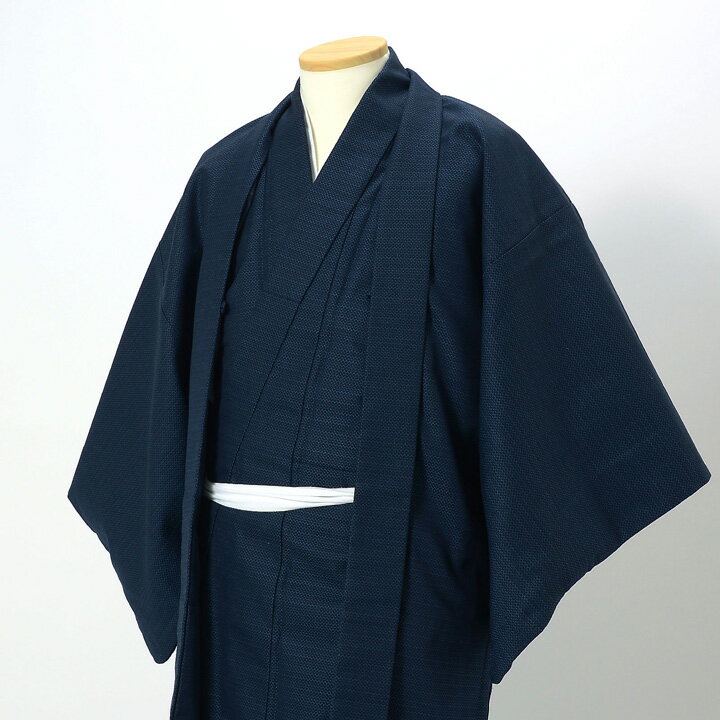 【中古品】男性 着物 羽織 2点セット「単衣・亀甲柄 ネイビー」アンサンブル リサイクル 単衣 メンズ 和装【メール便不可】