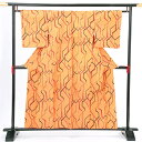【中古品】仕立て上がり 袷着物「オレンジ 変わり亀甲柄」小紋 絹 紬【メール便不可】ss2506fml10