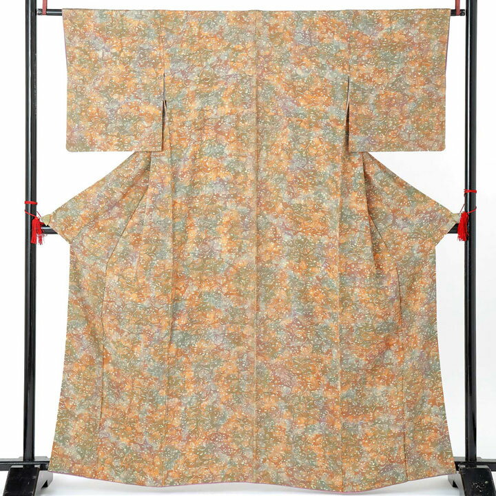 【中古品】仕立て上がり 袷着物「抽象柄 唐草 茶 松葉 濃朽葉色」小紋【メール便不可】ss2603kck10