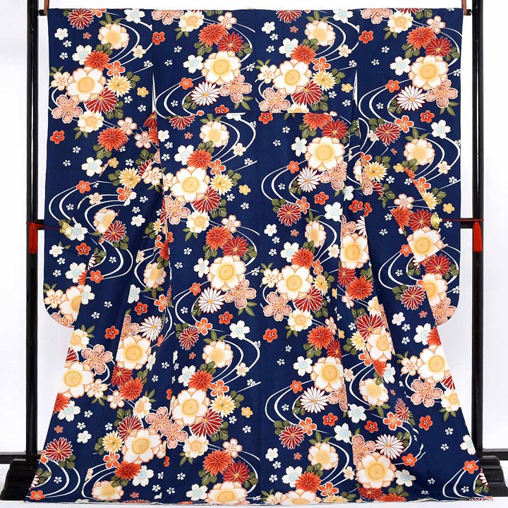 (卒業式応援価格据え置き3/5迄)【中古品】仕立て上がり 振袖「流水に桜と菊 濃青色」貸衣装処分 レンタル処分品 成人式【メール便不可】ss2512fml20