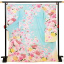 【中古品】仕立て上がり 振袖「雪輪 牡丹に糸菊 桜 水色 淡黄色ぼかし」貸衣装処分 レンタル処分品 成人式【メール便不可】ss2503fml10