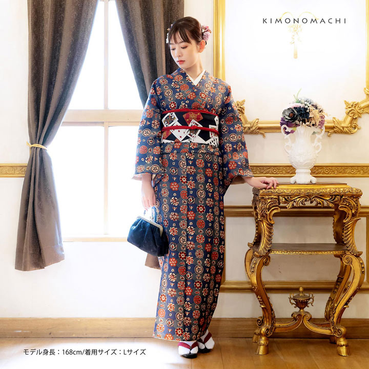 (洗える着物10％OFF 5/14迄)洗える着物 セット「袷着物：丸花更紗に菱紺鼠色＋京袋帯：黒トランプ」KIMONOMACHI オリジナル 着物と帯の2点セット サイズS/M/L/LL 2024-2025新作 コーディネート済み着物セット 小紋 レディース キモノ【メール便不可】ss2512kck10