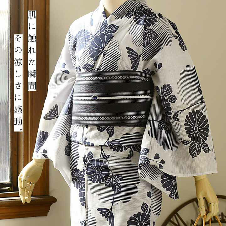 浴衣 レディース 単品 お仕立て上がり浴衣 綿絽浴衣「菊に雲形 白地」Fサイズ シック 大人 モダン 粋 古典 ゆかた 女性 ブランド浴衣 花火大会 夏祭り 綿 絽 夏着物にも【メール便不可】