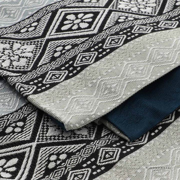 半幅帯 単品 帯 百華(MOMOKA)「グレー×ブラック 菱幾何学」日本製 半巾帯 ポリエステル帯 レディース 女性用 カジュアル 着物【メール便不可】