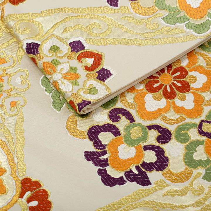 振袖 袋帯 単品「象牙色 立涌に唐花」六通柄 日本製 西陣織証紙番号 No.172 岡文織物株式会社 お仕立て上がり 振袖用 袋帯 お仕立て済 振袖帯 結婚式 成人式 フォーマル【メール便不可】