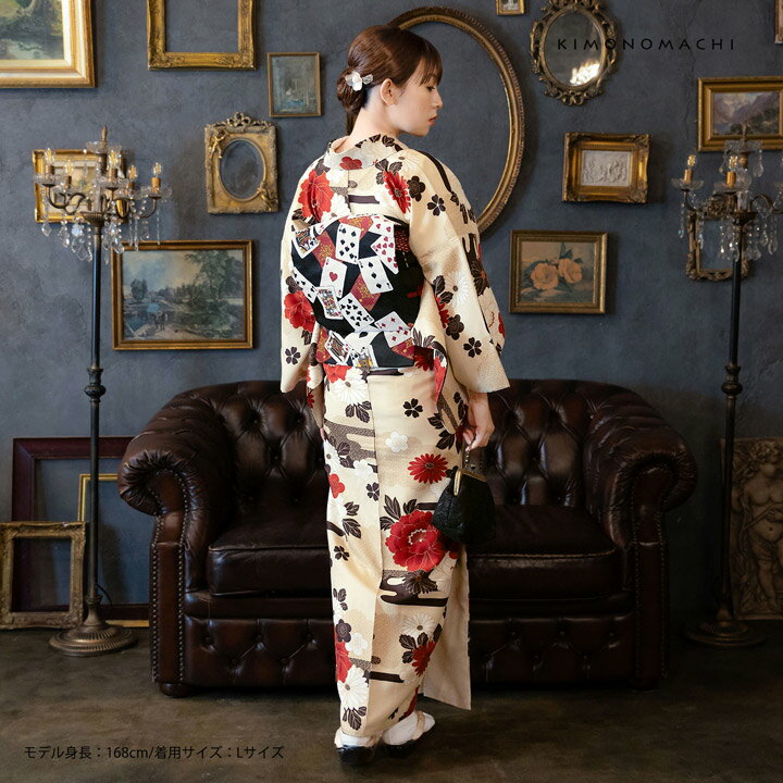 (洗える着物10％OFF 5/14迄)洗える着物 セット「袷着物：雲に牡丹、花紋 生成り色＋京袋帯：黒トランプ」KIMONOMACHI オリジナル きもの福袋 サイズS/M/L/LL 2025-2026新作 コーディネート済み着物セット 小紋 レディース キモノ【メール便不可】