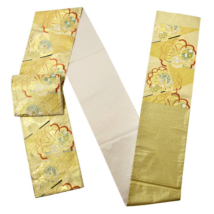 【訳アリ】振袖 袋帯 単品「ゴールド 雪輪に花紋」日本製 未仕立て 振袖用 礼装用袋帯 六通柄 成人式 袋帯 振袖帯【メール便不可】