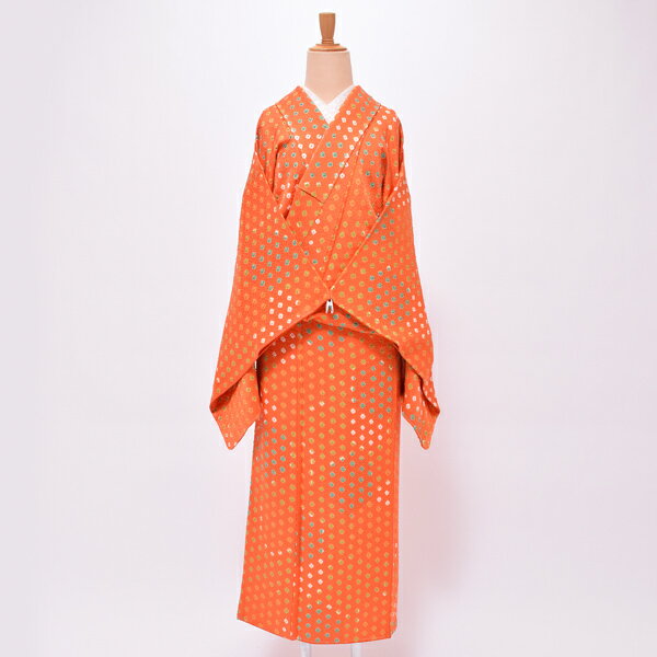 【Prices down3】【中古品】仕立て上がり 袷着物 「朱色 麻の葉地紋に絞り」 小紋 正絹 絞り 【メール便不可】＜T＞ss2512kck45